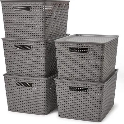 Produktbild von Famanu Aufbewahrungskörbe Set mit Kunststoffdeckel in Rattan-Optik, 17L - Für Küche, Kleiderschrank, Schrank