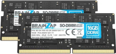 Zdjęcie produktu dla BRAINZAP 32GB (2x16GB) DDR4 2666MHz PC4-2666V-SA1-11 SO-DIMM CL19 2Rx8 1.2V, pamięć RAM bez bufora, nieekorowana, przeznaczona do laptopów i notebooków