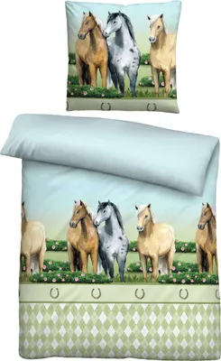A bedding set with a horse print.