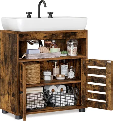 Obrázok produktu pre Skrinka pod umývadlo – kúpeľňová skrinka s lameloovými dvierkami – vintage štýl – 60 x 30 x 63 cm – hnedá