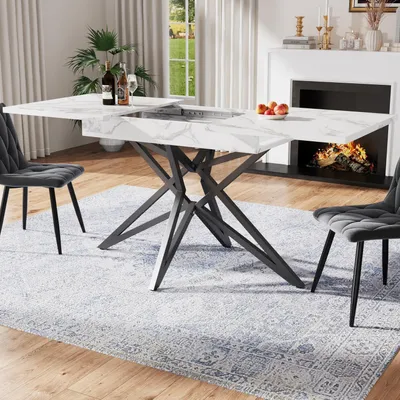 Obrázok produktu pre Rozkladacia jedálenská stola, 120-160 x 80 cm, biela/čierna, s nohami v tvare hviezdy, pre 4-6 osôb