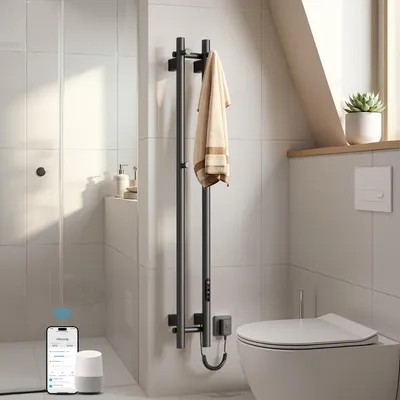 Produktbild von Heilmetz Elektrischer Handtuchheizkörper Smart WLAN Handtuchtrockner 120x12 cm mit Timer, Platzsparend, Gunmetal Grau, 145W Mit / Ohne heizstab