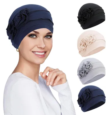 Zdjęcie produktu dla Czapka damska typu turban, ochraniacz na głowę, beanie – zestaw 4 sztuk w kolorach: beżowy, granatowy, czarny, szary