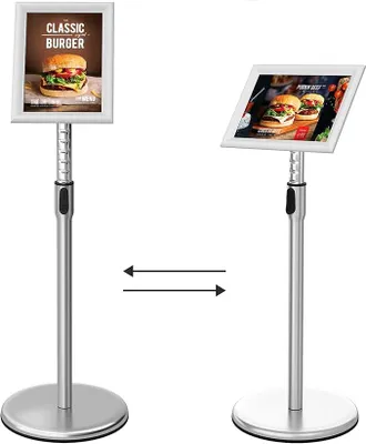 Produktbild von Infoständer DIN A4 höhenverstellbar 70–120 cm – Werbeaufsteller mit Edelstahlfuß, drehbarer Posterhalter 360°, Silber