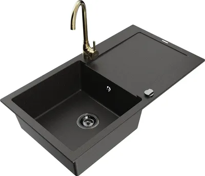 Produktbild von Mexen Leo 1 Becken-Granitspüle mit Abtropffläche und Mischbatterie Telma, Schwarz/Gold metallisch - 6501-75-670200-50-B
