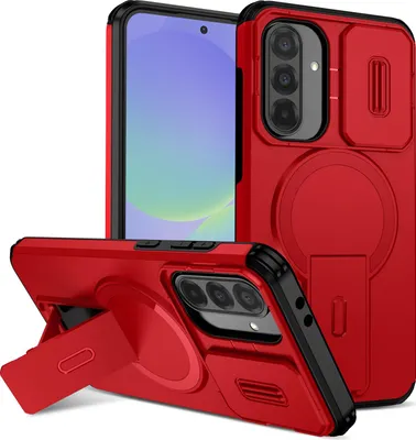 Produktbild von Magnetisch Hülle für Samsung Galaxy A56/A36, Dual Layer Stoßfest Handyhülle mit Dia Kameraschutz, Verstellbarem Ständer Rot
