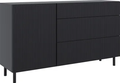 Image de Selsey Veldio New - Buffet à une porte avec façade rainurée et 3 tiroirs, noir, 140 cm