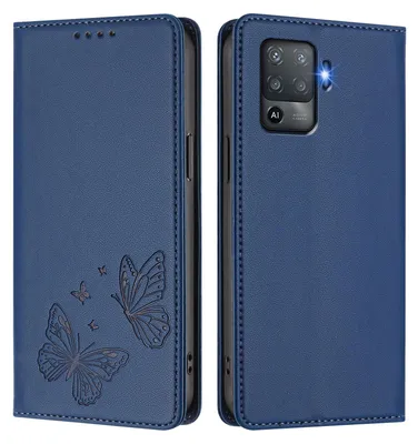 Image de Étui en cuir pour Oppo F19 Pro, motif papillon, étui à rabat avec porte-appareil, bleu foncé