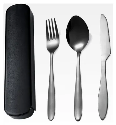 Produktbild von 3-teiliges Campingbesteck aus Edelstahl mit Etui, spülmaschinenfest, leicht und rostfrei für Outdoor, Reisen und Schule