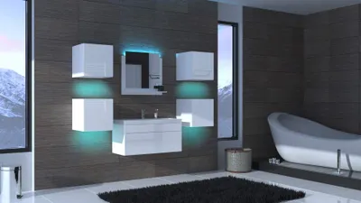Produktbild von Furnitech ALIUS 27 Badezimmer Bademöbel Badeschränke Spiegel Set (LED RGB (16 Farben), Weiß)