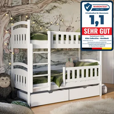 A white wooden bunk bed with green bedding in a child's room with a forest-themed wallpaper and fairy lights.