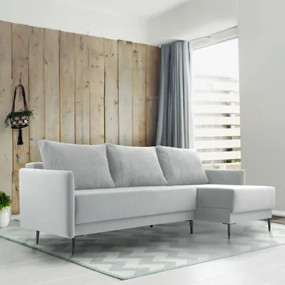 Produktbild von Ecksofa Pedro, Wohnzimmer, Schlafsofa Sofa 3-Sitzer Sofa freistehendes Polstersofa Bettkasten 230 cm rechte Ottomane aschegrau (Paros 05, Poso 55)