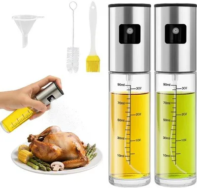 Image de Lot de 2 flacons à huile, vaporisateurs de 100 ml pour friteuse à air chaud, en verre et en acier inoxydable, cuisine, salades, grillades