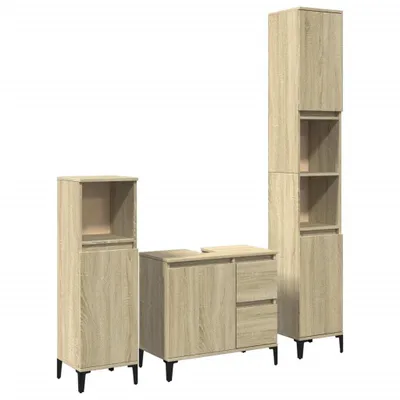 Three pieces of light brown wooden bathroom furniture, including a tall cabinet and a vanity unit with drawers, are arranged against a white background.