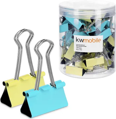 Produktbild von kwmobile 50x Foldback Klammern Set - 50x 32mm - Vielzweckklammer Büro Dokumenten Clips - Metall Maul Klammer Klemmen in Gelb Mintgrün