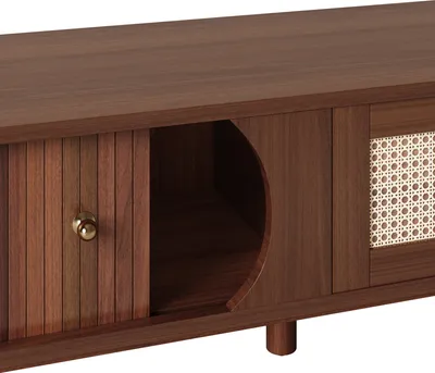 Produktbild von okwish TV-Schrank mit Rattan-Schublade, Lowboard mit zwei Schiebetüren und Stauraum, Vintage-Stil, Für Wohnzimmer in Nussbaum