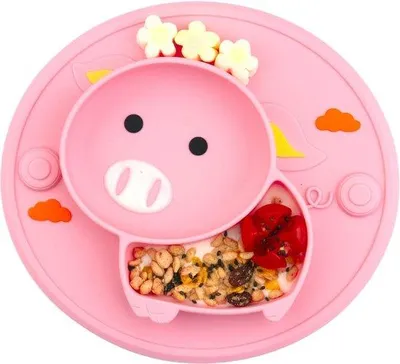 Produktbild von Silikonische Tellerplatte mit Fächern - Babyteller mit Non-Slip-Boden und Saugnäpfen für Selbstfütterungstraining