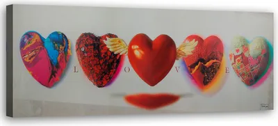 Zdjęcie produktu dla Obraz na płótnie, Serca i napis love na białym tle 150x50 cm Feeby czerwony obraz na ścianę gotowy do powieszenia