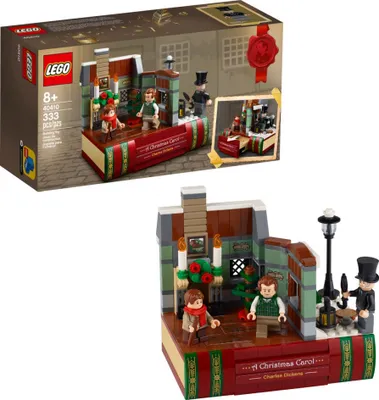A LEGO set depicting a scene from A Christmas Carol, shown both in its packaging and as a built model.