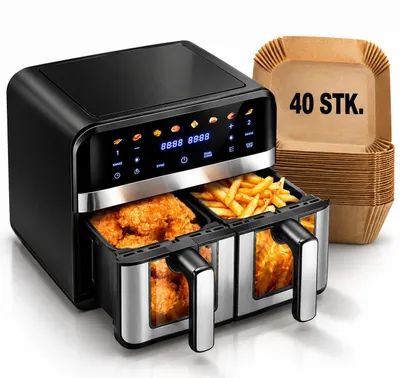 Produktbild von 8L Heißluftfritteuse RA930DSSV XXL, 2 separat gesteuerte Garkammern, Smart Finish&Dual Cook, 8 Programme, Friteuse, inklusive 40 Blatt Backpapier