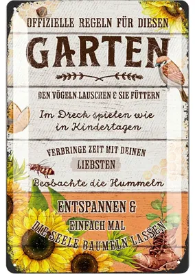 Retro Metallschild Gartenregeln 20x30 cm – nostalgische Deko im Holzlook