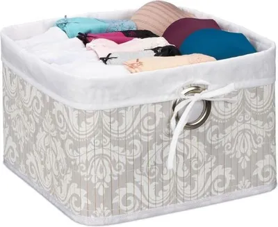 Produktbild von Faltbarer Bambus Aufbewahrungskorb mit Klappschublade, Griff und abnehmbarem Stoffbezug, florale Ornamente