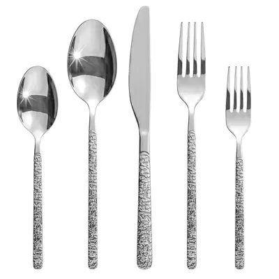 Image de Ensemble de couverts Roxlin, 30 pièces, en acier inoxydable pour 6 personnes, comprenant des couteaux, des fourchettes, des cuillères et des cuillères à café, lavable au lave-vaisselle. Aspect pierre. Argenté