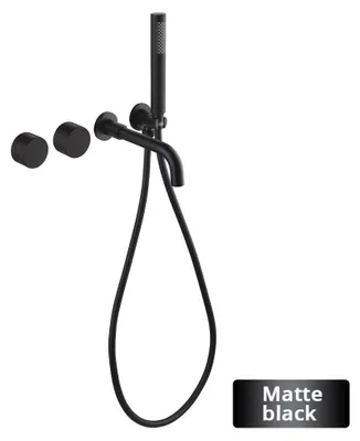 Immagine prodotto di Miscelatore per vasca da bagno con doccetta manuale - Miscelatore da incasso per vasca - 2 manopole per acqua calda/fredda - Cartuccia in Vetroceramica - Corpo in ottone - Bocchetta di scarico da 21 cm - Finitura nera opaca spazzolata