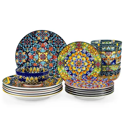 Image de Service de table pour 6 personnes, service combiné de 18 pièces en porcelaine, set de vaisselle avec assiette plate, assiette à dessert et bols, style bohème