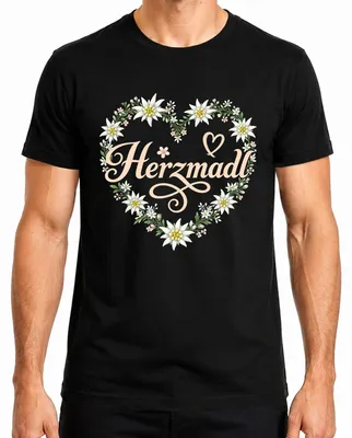 Obrázok produktu pre Herzmadl Edelweiss, kvetinový motív, tradičný štýl, tričko, kožené nohavice, pánske tričko, čierna farba, veľkosť 3XL