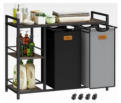 Produktbild von Wäschekorb mit 2 Fächern, Wäschesammler 100 L, Wäschesortierer mit Rollen, Wäschewagen und Ablagen, Wäschesack mit abnehmbaren Taschen und 6 Etiketten, kastanienbraun-tintenschwarz-taubengrau