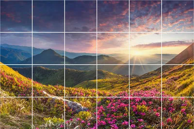 Produktbild von Fliesenaufkleber 15x15 cm – 24 Stück – Selbstklebend – Wasserfest – Pflegeleicht – Hitzebeständig – Für Küche & Bad – Berglandschaft mit Blumen