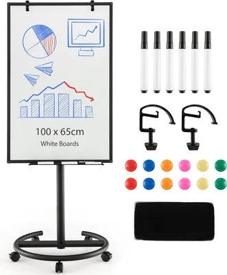 Produktbild von GOPLUS Flipchart Ständer, 100 x 65cm Mobiles Whiteboard auf Rollen, Trocken asbwischbar, Flipcharts Whiteboard höhenverstellbar mit Rundfuß, Haken, Marker, Magneten, Papier, Radiergummi