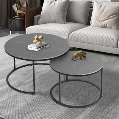 Obrázek produktu pro FATIVO Konferenční stolky 2 ks Ø 60/80 cm, kulatý stolek do obývacího pokoje, mramorový vzhled, sada odkládacích stolků s kovovým rámem