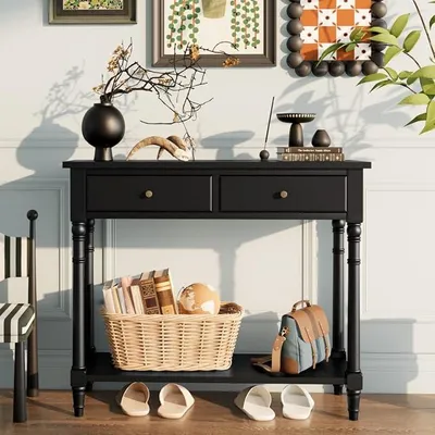 Productafbeelding van Console tafel van massief hout met 2 lades, bijzettafel met opbergvak, smalle entree tafel voor 2 niveaus, salontafel, rustieke stijl (zwart)