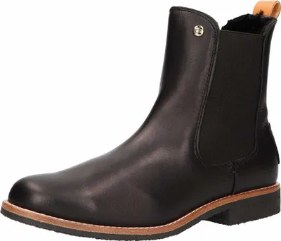 A black leather Chelsea boot with a tan pull tab and a tan sole.