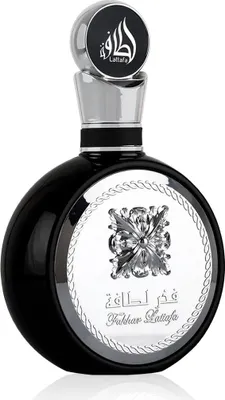 A black and silver perfume bottle with ornate detailing.