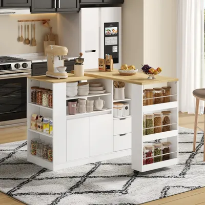 Productafbeelding van Keukeneiland van 115 cm, met uitschuifbaar werkblad, 3-zijdige planken, 2 lades, koffiebar, houten eettafel, geschikt voor eetkamers/huisbars.