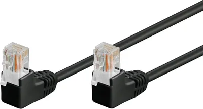 Produktbild von CAT 5e Patchkabel 2x 90° gewinkelt, U/UTP, schwarz Kupferkaschierter Aluminiumleiter (CCA), 2x RJ45-Stecker 90° (8P8C)