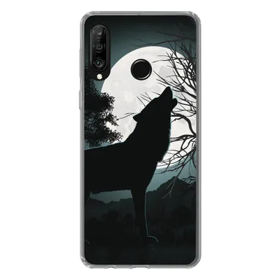 Produktbild von MuchoWow® Handyhülle Schutzhülle Hülle für Huawei P30 Lite Wolf - Scherenschnitt - Mond Silikon Softcase Handy Hülle - Handyhülle