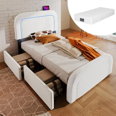 Produktbild von Einzelbett Polsterbett 90x200cm,Bettgestell mit USB Typ C LED und 2 Schubladen, Sherp-Weiß Mit Matratze