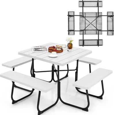Produktbild von KOMFOTTEU Bierzeltgarnitur für 8 Personen, Quadratisches Picknicktisch Set mit Schirmloch & 4 Bänken, Gartenmöbel Set aus HDPE & Metall, (Weiß)