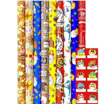 Zdjęcie produktu dla Sinterklaas - Asortyment papieru do pakowania, w tym 40 naklejek z imionami - 300 x 70 cm - 14 rolek