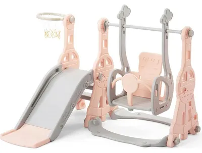 Obrázek produktu pro Dětská skluzavka s houpačkou B0FJFSB8FS, 4 v 1, růžovo/šedá