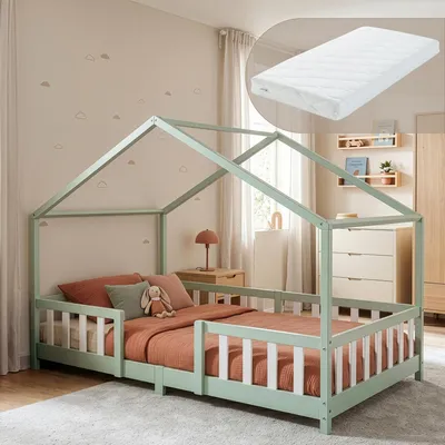Immagine prodotto di Letto per bambini 'Treviolo' con materasso e protezione anticaduta 140x200cm Verde menta / bianco