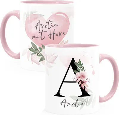 Produktbild von Kaffee-Tasse mit Name und Spruch mit Herz Initiale Monogramm Dankeschön personalisierte Geschenke SpecialMe® Ärztin rosa Keramik-Tasse