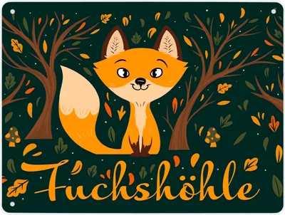 Produktbild von Metallschild XL in 21x28 cm mit niedlichem Fuchs im Wald und Herbst Motiven -