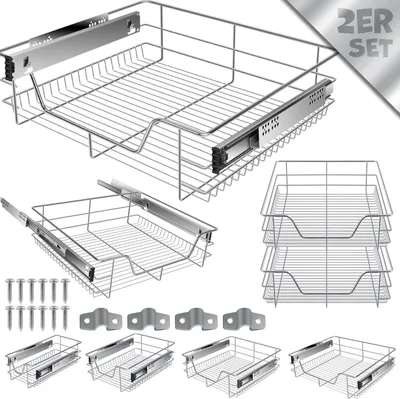 Produktbild von KESSER® Teleskopschublade ✓ Küchenschublade ✓ Küchenschrank ✓ Korbauszug ✓ Schrankauszug ✓ Vollauszug ✓ Schublade, Silber, 2x 60cm
