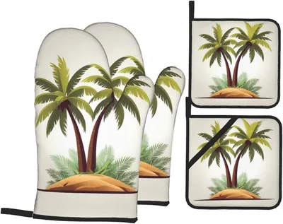 Produktbild von Ofenschichten mit Kokosbaum-Motiv: 4-teiliges, wasserdichtes und hitzebeständiges Küchenschutz-Set