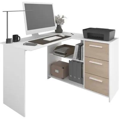 Image de Bureau d'angle à 3 tiroirs - ESSENTIEL - Blanc/décor chêne - 121,2 x 74,5 x 111 cm - PARISOT